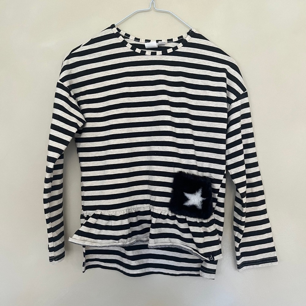 Deux par Deux Kids Striped Long Sleeve T-Shirt with Faux Fur Star Pocket Size 10